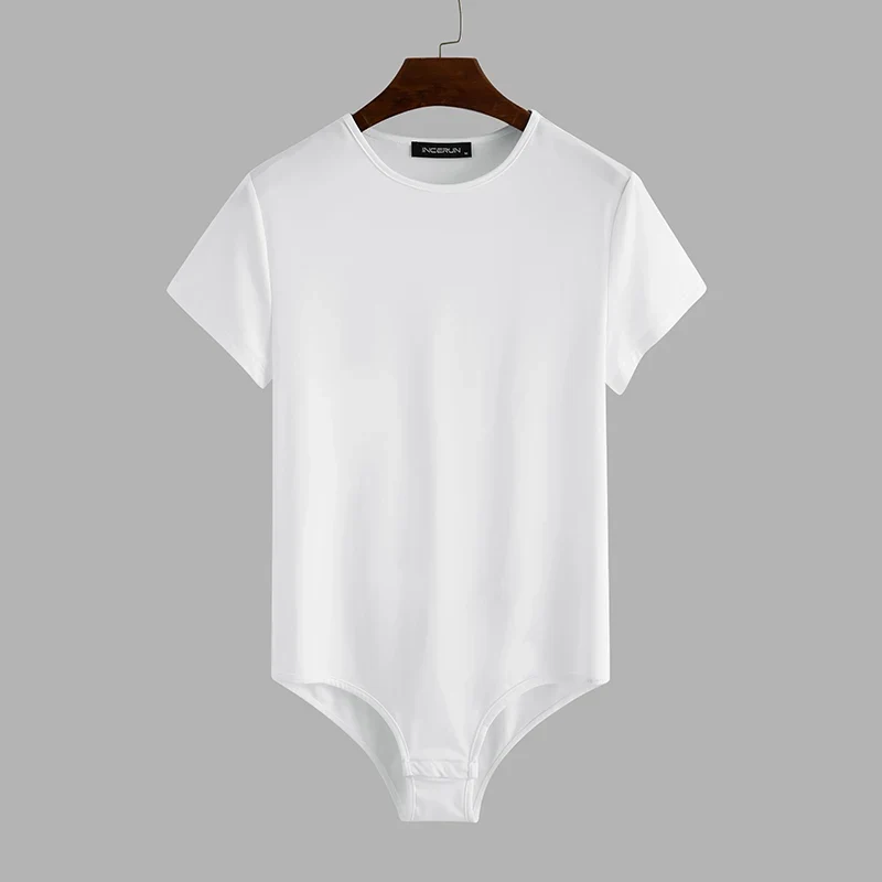 INCERUN Men Bodysuit Solid Color Pajamas Sexy 2023 Breathable Short Sleeve O-neck Rompers Underwear Fitness Men Bodysuits S-5XL