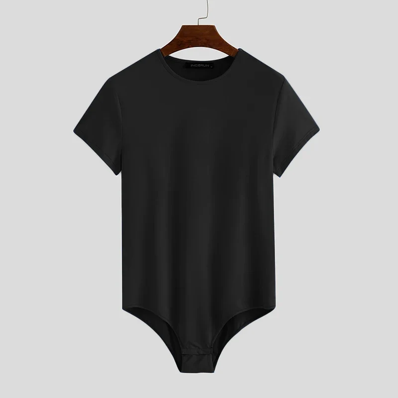 INCERUN Men Bodysuit Solid Color Pajamas Sexy 2023 Breathable Short Sleeve O-neck Rompers Underwear Fitness Men Bodysuits S-5XL