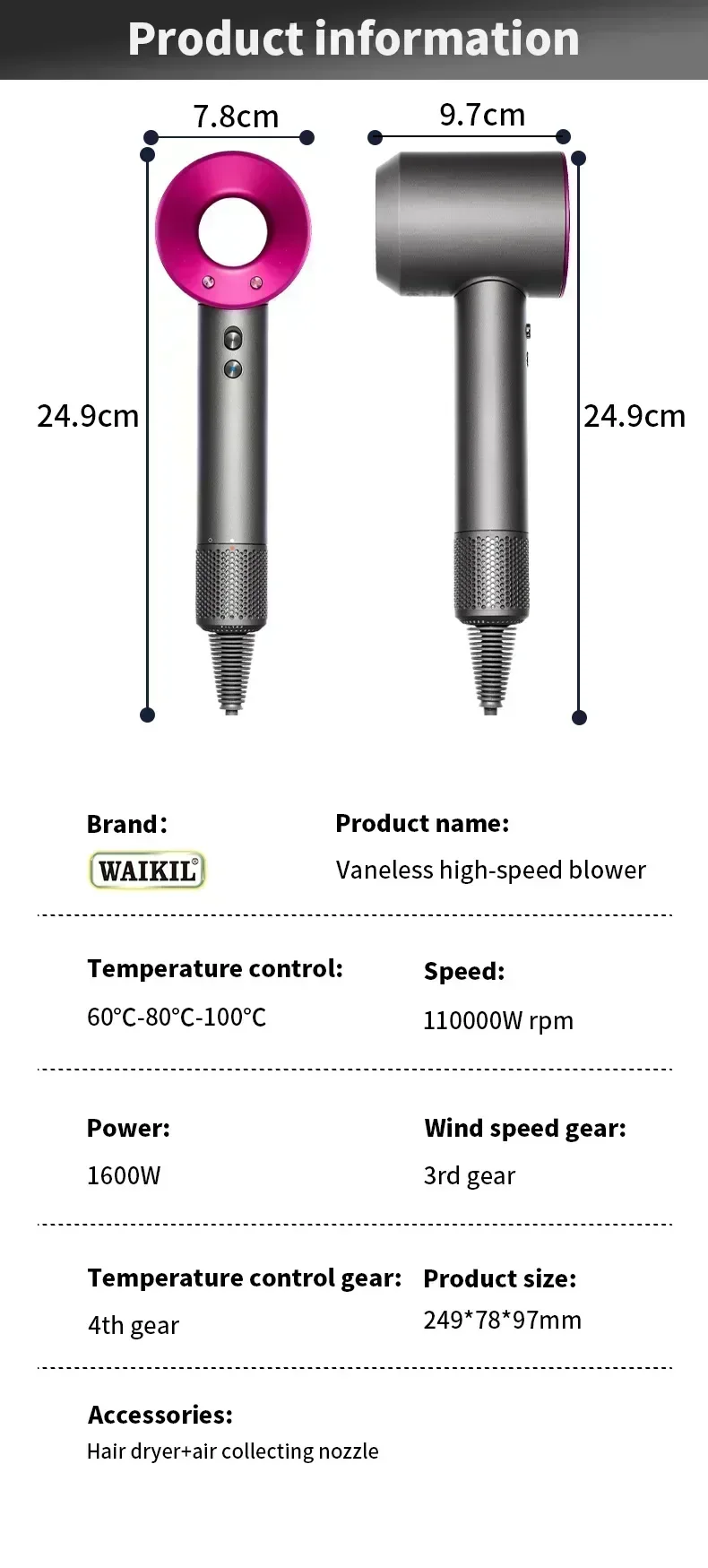 5 in 1 Professional Hair Dryer, with Hot and Cold Air Functionality - Lightweight and Thermostatic Styling Tool for Smooth Hair