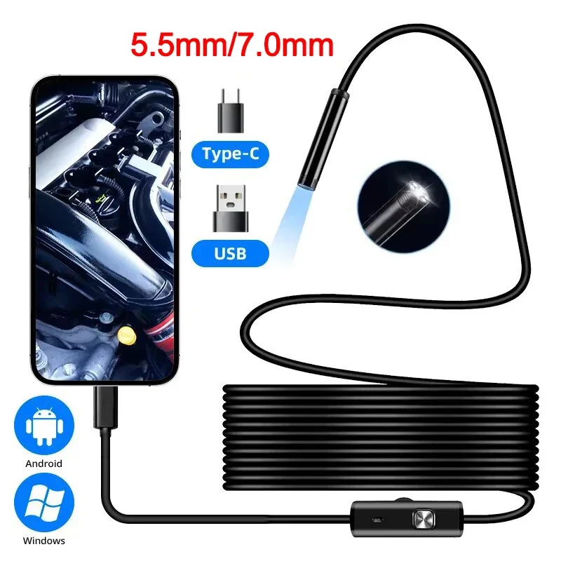 5.5/7.0MM Type-C Endoscope Camera IP67 Waterproof with 6 Adjustable LEDs USB Android Flexible Inspection Borescope for Phone PC