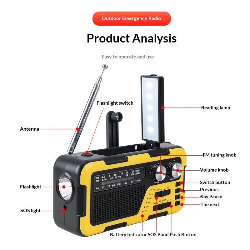 4000mAh Weather Emergency AM/FM Radio Noodradio Emergency Hand Crank Solar Charging Flashlight Survival Kit Gear Electronics