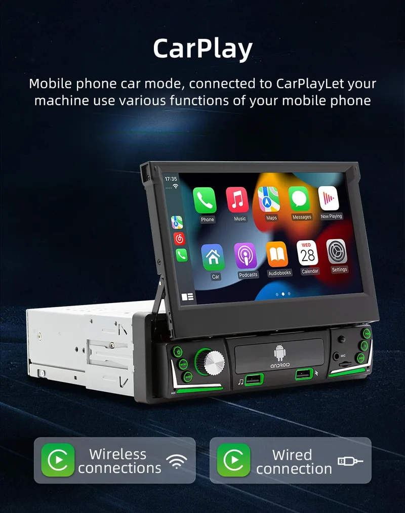 BQCC 7\" 1DIN Android 13 Car Radio Retractable HD Screen Auto Electronics 1+32G/2+32G/2+64G WiFi GPS Navigation SDK Mirror Link