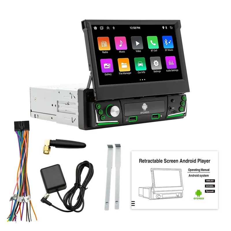 BQCC 7\" 1DIN Android 13 Car Radio Retractable HD Screen Auto Electronics 1+32G/2+32G/2+64G WiFi GPS Navigation SDK Mirror Link