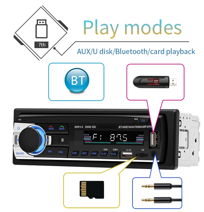 AutoRadio 1DIN Car Radio JSD530 2USB Electronic Car Audio BT FM Handsfree Stereo AUX SD Car Mp3 Player