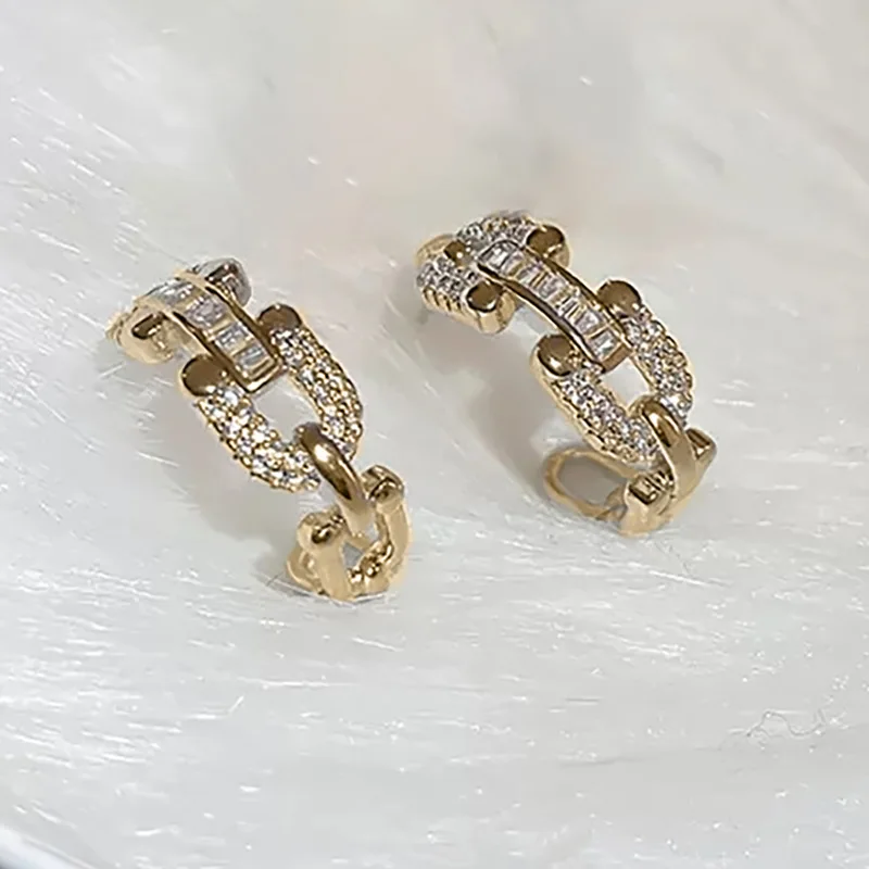 E2443 Gold Plated Huggie Earrings With Crystal Rhinestone Lock Design For Women Trendy Everyday Wear