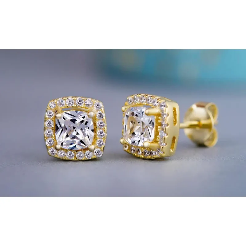 Classic Geometric Square Stud Earrings with Round Zircon Inlay Gold Plated Zinc Alloy Unisex Jewelry Gift Women Men