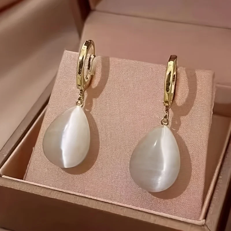1 Pair Elegant Cat'S Eye Pendant Drop Earrings, Synthetic Synthetic Gemstone, Alloy, KC Golden Plated, for Women, Daily Wear