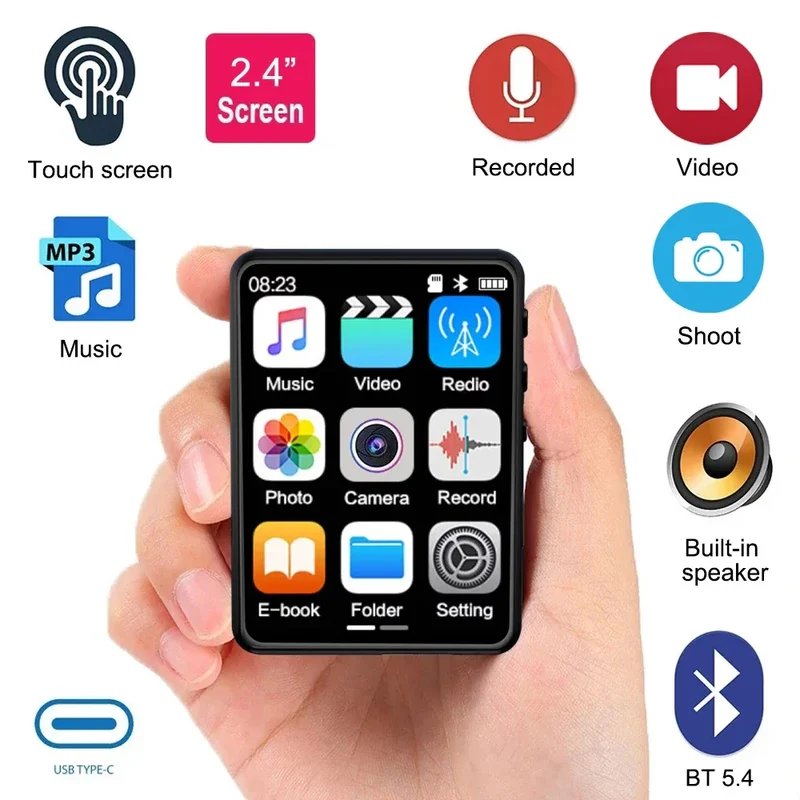 MP3 Player Bluetooth 5.4 Built-in Speaker Hi-Fi Music Player 2.4 Inch Touch Screen MP3 Walkman Video FM Radio Recording Camera