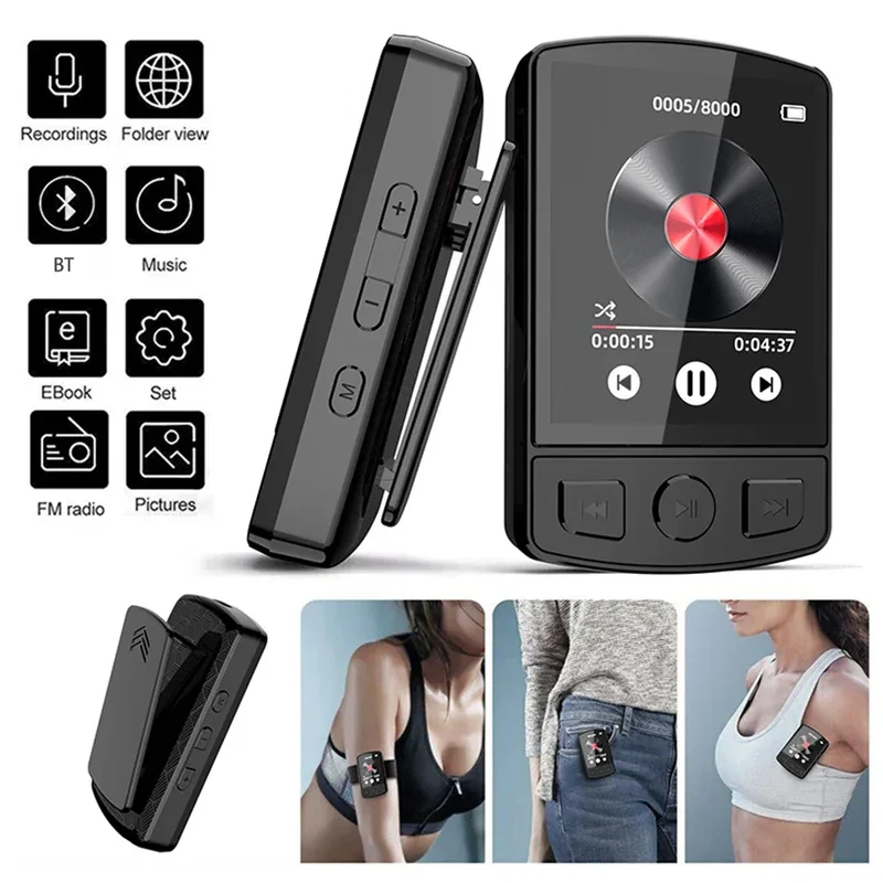 MP3 Player Bluetooth 5.2 1.77 inch Screen Music Player with Speakers Lossless Sound Quality with Recording E-Book Video Playing