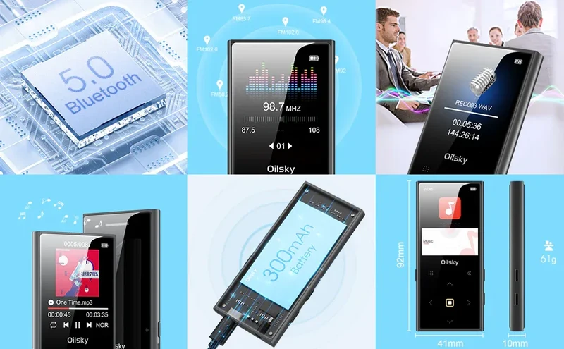 Oilsky 64GB MP3 Player Portable Digital Lossless Music Player with Bluetooth 5.0 FM Radio Built-in Speaker Touch Button Voice
