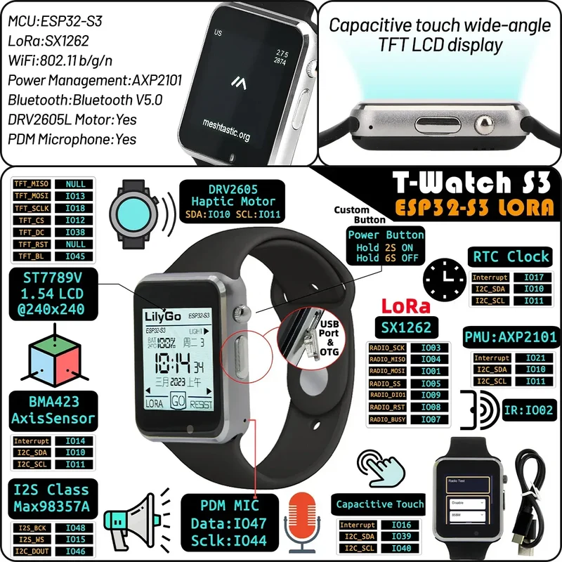 LILYGO T Watch S3 Lora Meshtastic Tracker ESP32-S3 WIFI Bluetooth LoRa Repeater IoT BMA423 Sensor with Mic Speaker Program