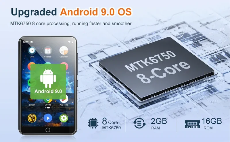 MP3 Player with Bluetooth and WiFi，4" Touch Screen Music Player Android 9.0 MTK 8 Core，MP4 Player with Spotify，Audible，Deezer，Am