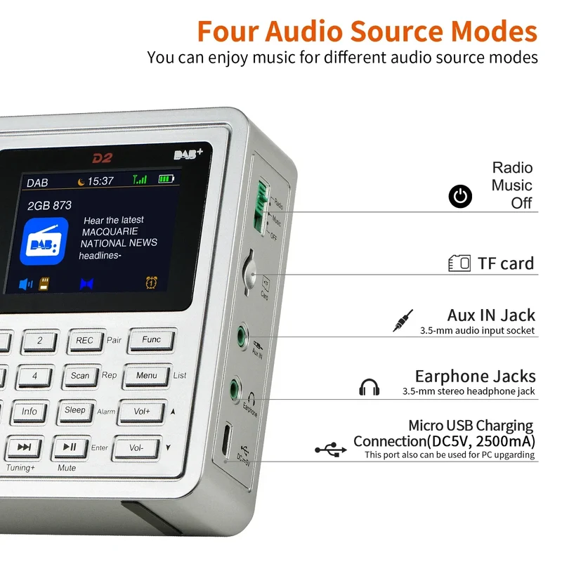 [Genuine]GTMEDIA D2 FM Radio Portable DAB Digital Bluetooth Speaker AUX IN TF Card Slot MP3 Player Recording Clock Alarm