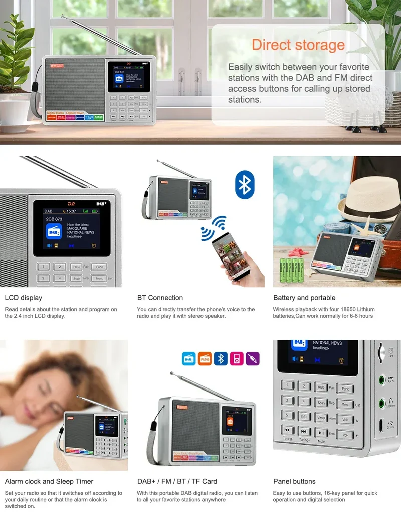 [Genuine]GTMEDIA D2 FM Radio Portable DAB Digital Bluetooth Speaker AUX IN TF Card Slot MP3 Player Recording Clock Alarm