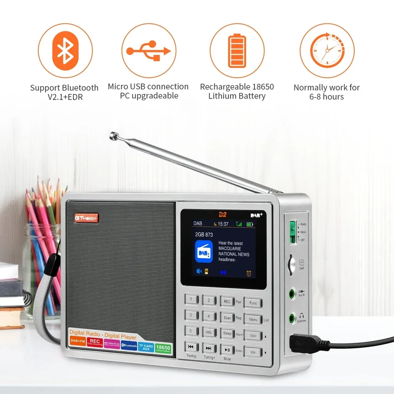 [Genuine]GTMEDIA D2 FM Radio Portable DAB Digital Bluetooth Speaker AUX IN TF Card Slot MP3 Player Recording Clock Alarm