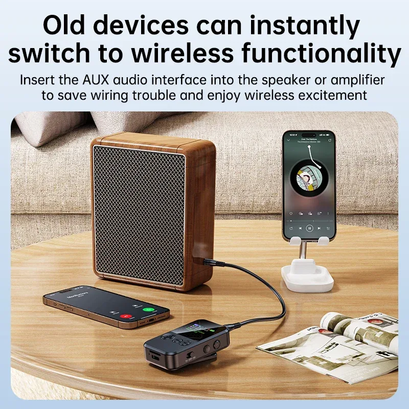 Lavalier Bluetooth 5.4 Audio Receiver Transmitter 3.5mm AUX TF Card Play Wireless Adapter with LCD Display For PC TV Speaker