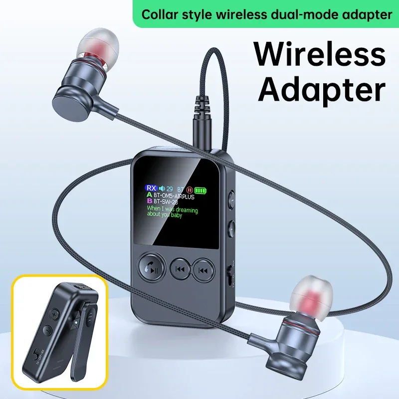 Lavalier Bluetooth 5.4 Audio Receiver Transmitter 3.5mm AUX TF Card Play Wireless Adapter with LCD Display For PC TV Speaker