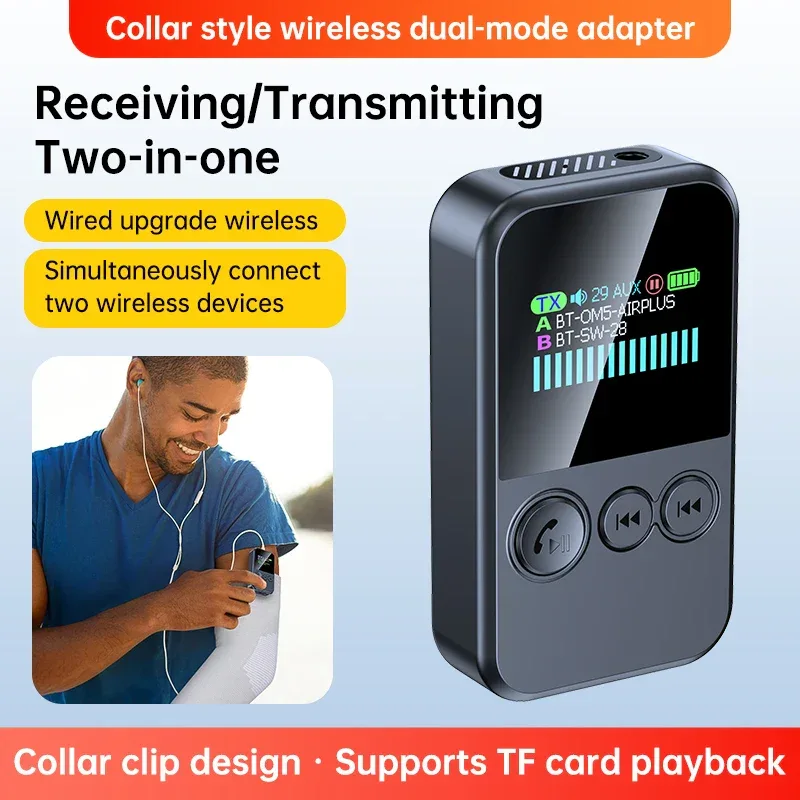 Lavalier Bluetooth 5.4 Audio Receiver Transmitter 3.5mm AUX TF Card Play Wireless Adapter with LCD Display For PC TV Speaker