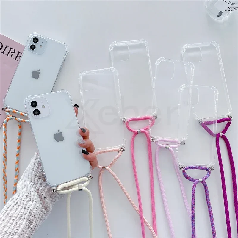 Necklace Lanyard Strap Chain Phone Case For iPhone 16 15 14 13 Pro Max 12 11 XS X XR Mini 7 8 Plus Transparent Soft Rope Cover