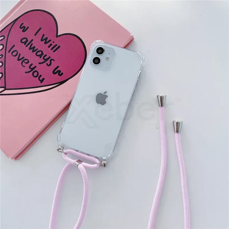 Necklace Lanyard Strap Chain Phone Case For iPhone 16 15 14 13 Pro Max 12 11 XS X XR Mini 7 8 Plus Transparent Soft Rope Cover