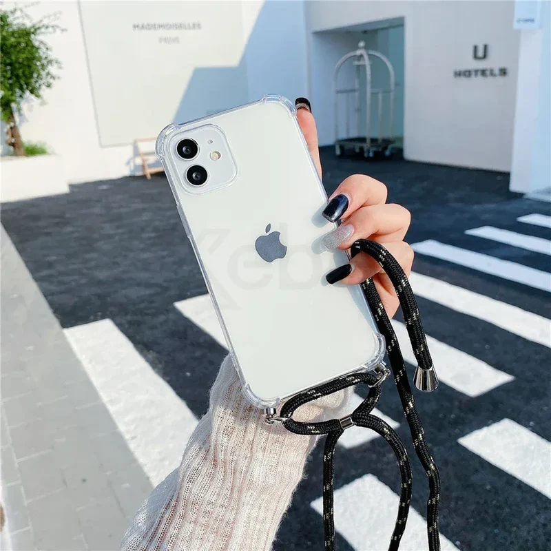 Necklace Lanyard Strap Chain Phone Case For iPhone 16 15 14 13 Pro Max 12 11 XS X XR Mini 7 8 Plus Transparent Soft Rope Cover