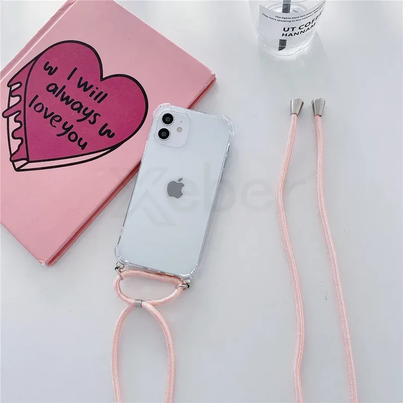 Necklace Lanyard Strap Chain Phone Case For iPhone 16 15 14 13 Pro Max 12 11 XS X XR Mini 7 8 Plus Transparent Soft Rope Cover