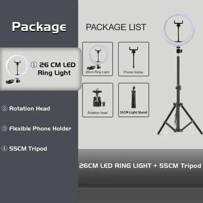 10" 26cm LED Selfie Ring Light Photography Video Light RingLight Phone Stand Tripod Fill Light Dimmable Lamp Trepied Streaming