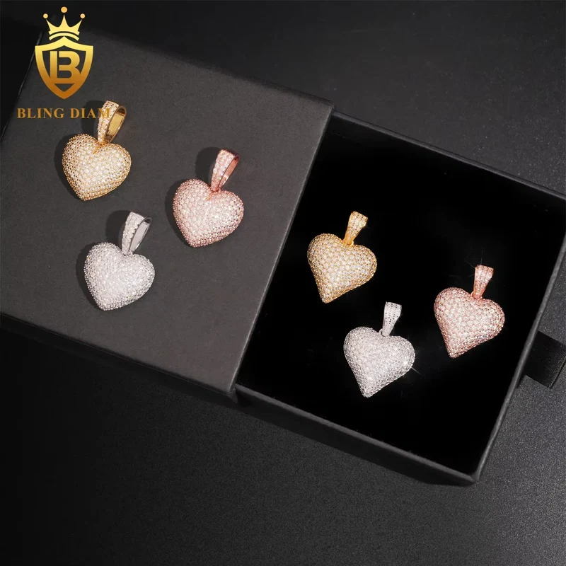 USA Stock New Arrivals Hip Hop Moissanite Jewelry 925 Sterling Silver Gold Plated Iced Out Heart Pendant Men Women