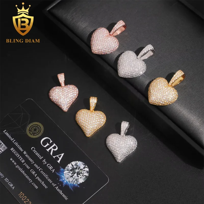 USA Stock New Arrivals Hip Hop Moissanite Jewelry 925 Sterling Silver Gold Plated Iced Out Heart Pendant Men Women
