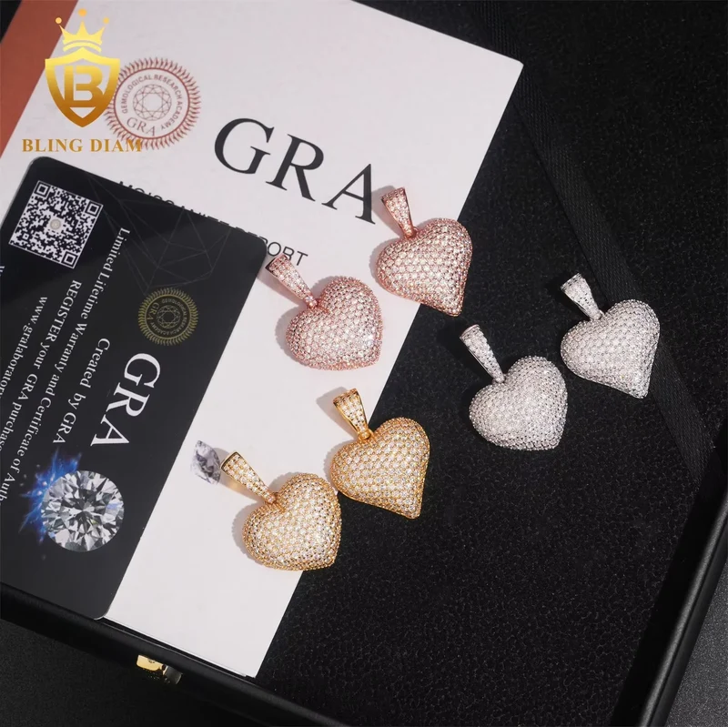 USA Stock New Arrivals Hip Hop Moissanite Jewelry 925 Sterling Silver Gold Plated Iced Out Heart Pendant Men Women