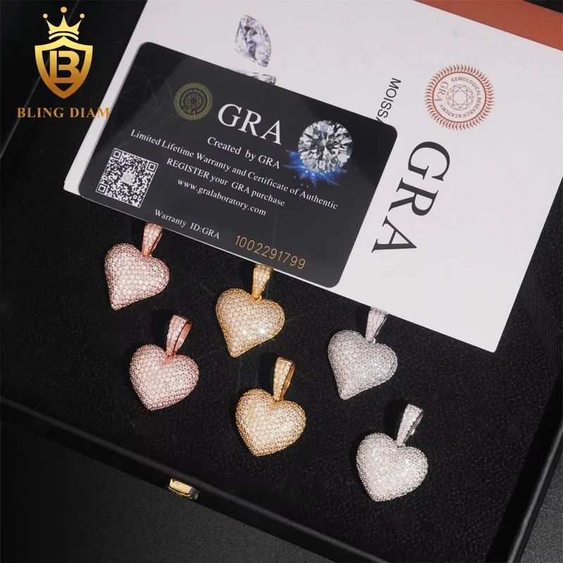 USA Stock New Arrivals Hip Hop Moissanite Jewelry 925 Sterling Silver Gold Plated Iced Out Heart Pendant Men Women