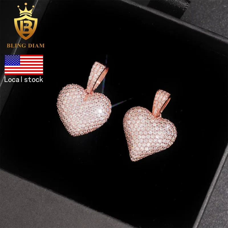 USA Stock New Arrivals Hip Hop Moissanite Jewelry 925 Sterling Silver Gold Plated Iced Out Heart Pendant Men Women