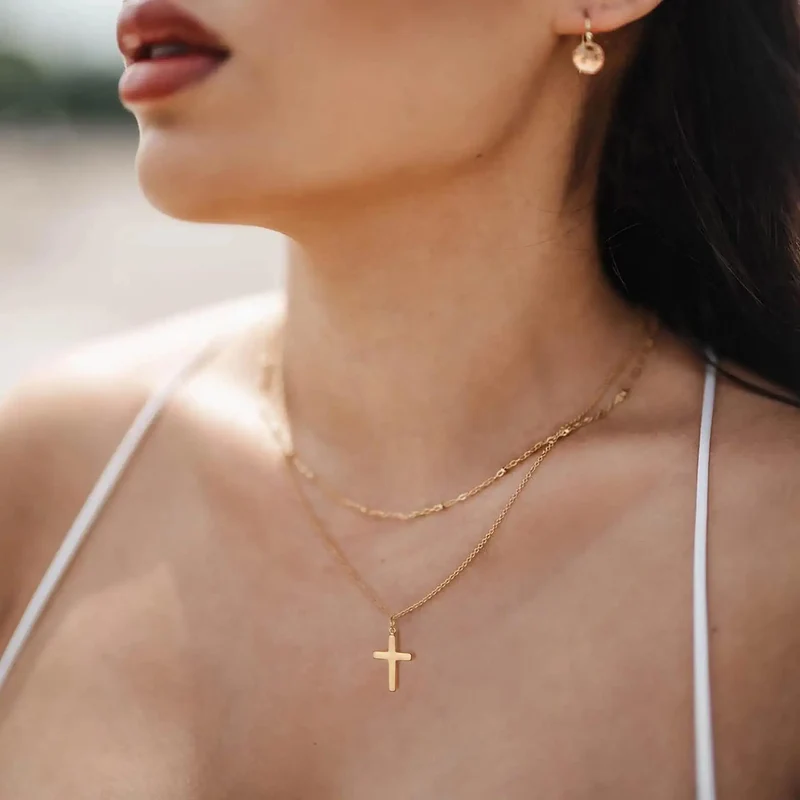 Simple Stainless Steel Cross Chain Clip Bead Necklace Stainless Steel Double Layer Cross Multi-Layer Necklace Women