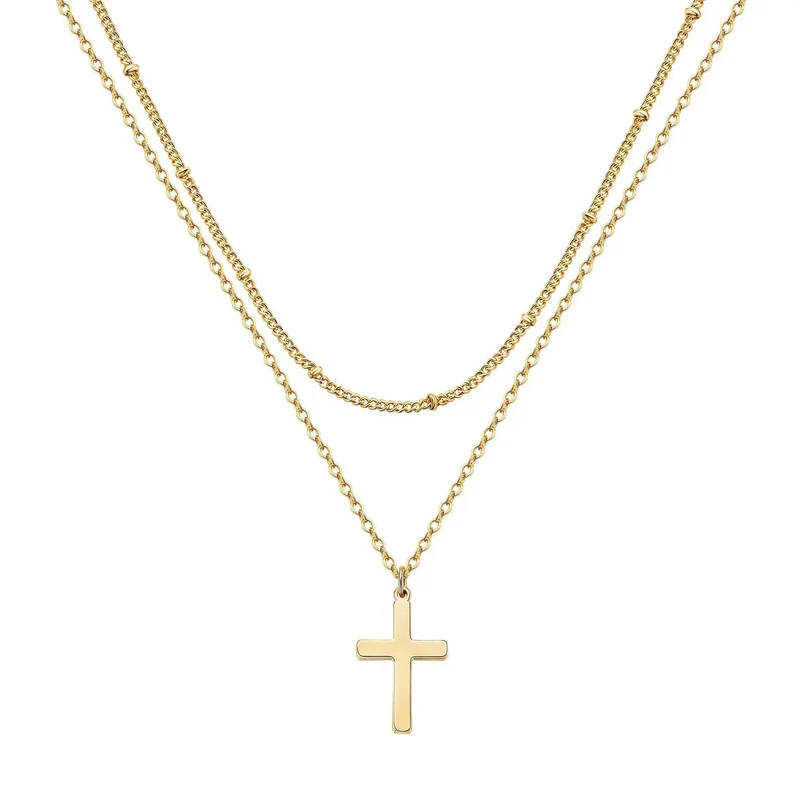 Simple Stainless Steel Cross Chain Clip Bead Necklace Stainless Steel Double Layer Cross Multi-Layer Necklace Women