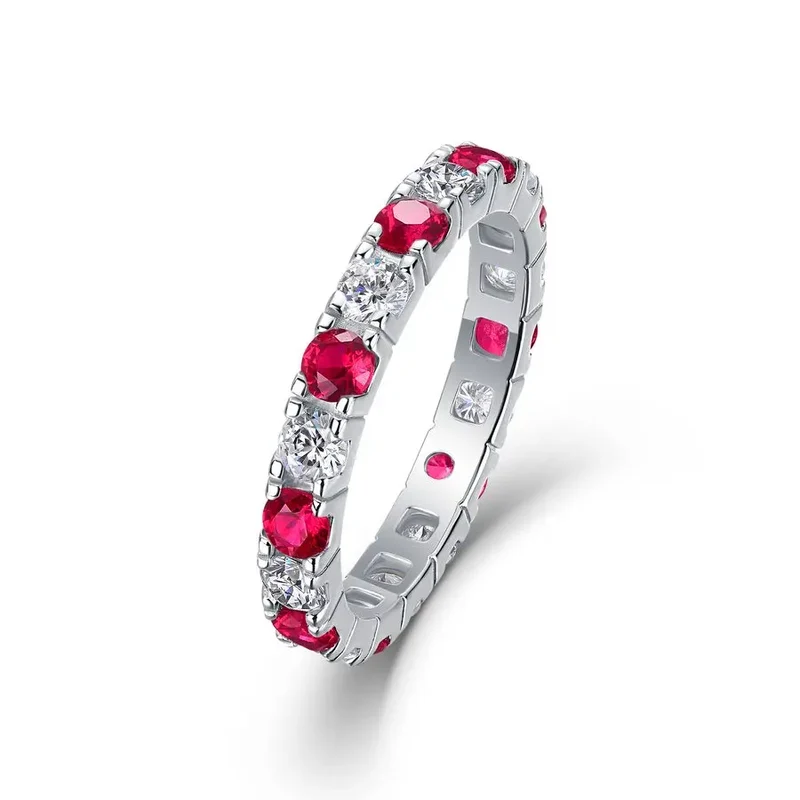 18K Gold & 925 Sterling Silver Plated Red & White Eternity Band 3mm Moissanite Ring Stackable Jewelry for Women Great Gift Idea
