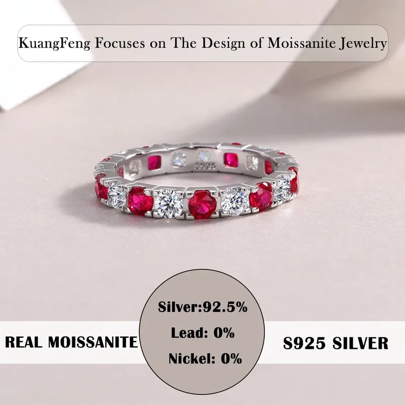 18K Gold & 925 Sterling Silver Plated Red & White Eternity Band 3mm Moissanite Ring Stackable Jewelry for Women Great Gift Idea
