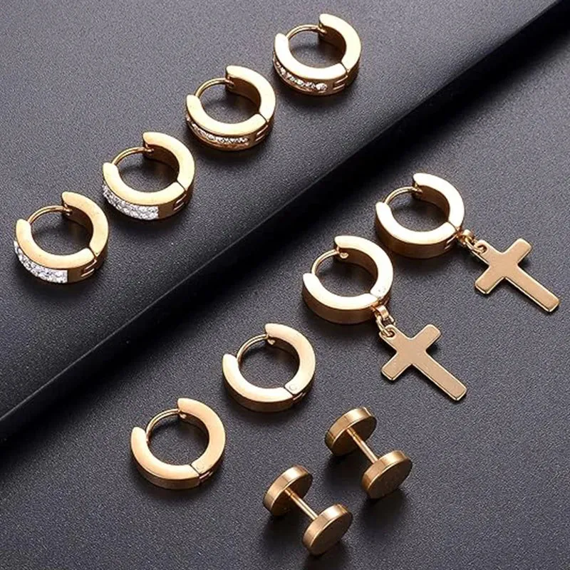 ZF 15 Pairs Stainless Steel Dangle Hinged Hoop Huggie CZ Stud Earrings Set for Men Women Piercing Jewelry Silver Black Gold Tone