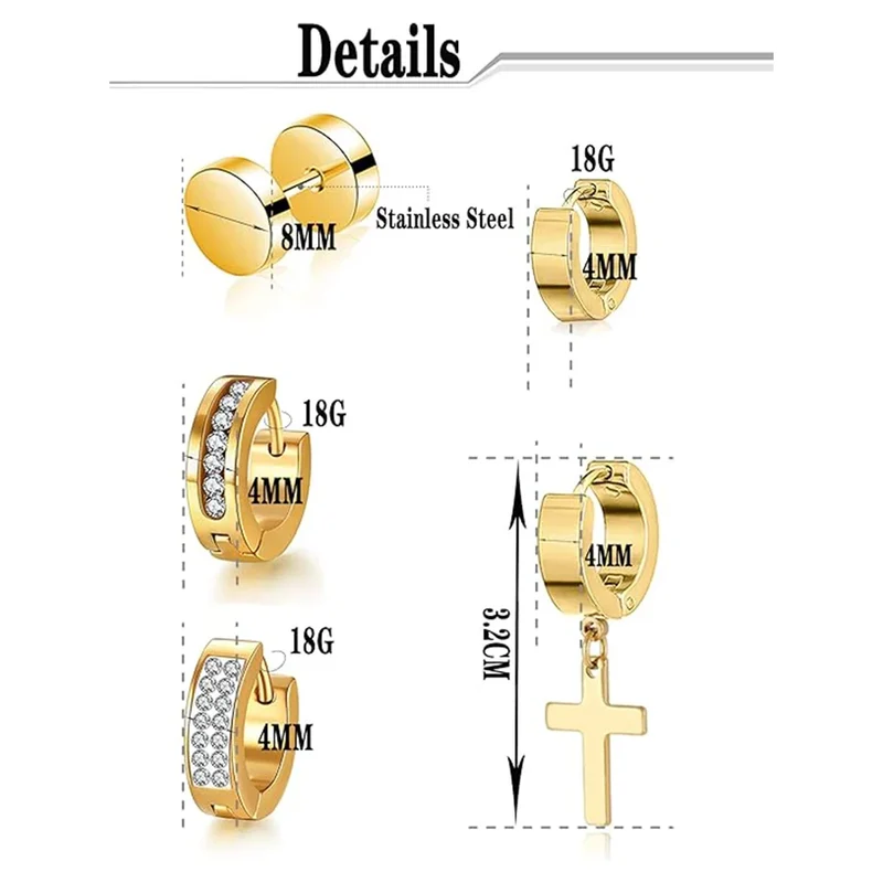 ZF 15 Pairs Stainless Steel Dangle Hinged Hoop Huggie CZ Stud Earrings Set for Men Women Piercing Jewelry Silver Black Gold Tone