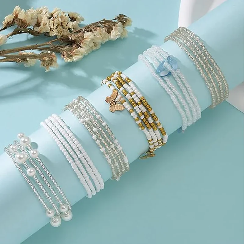 8Pcs 31.5 Inches Waist Bead Chain Elastic Belly Beads Butterfly Layered Body Chain Colorful Jewelry Accessories for Women