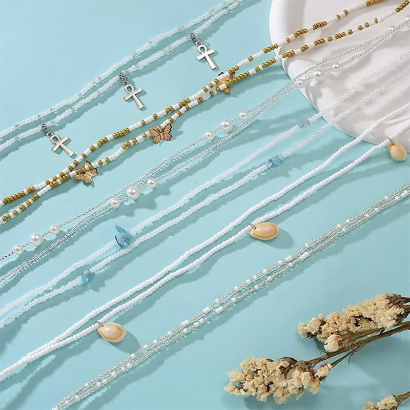 8Pcs 31.5 Inches Waist Bead Chain Elastic Belly Beads Butterfly Layered Body Chain Colorful Jewelry Accessories for Women