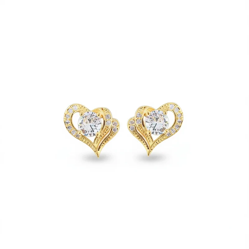 E1233 Gold Heart Stud Earrings With Round Zircon Claw Setting For Women Romantic Fashion Jewelry Gift