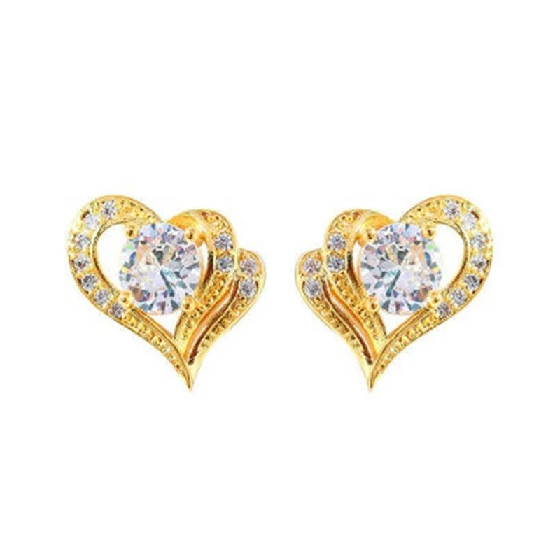E1233 Gold Heart Stud Earrings With Round Zircon Claw Setting For Women Romantic Fashion Jewelry Gift
