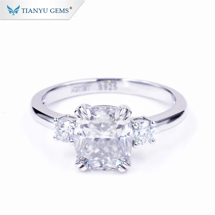 Tianyu Gems Fine Jewelry Cushion Cut Pure S925 Sterling 18k Gold Plated Moissanite Engagement Wedding Silver Rings for Women