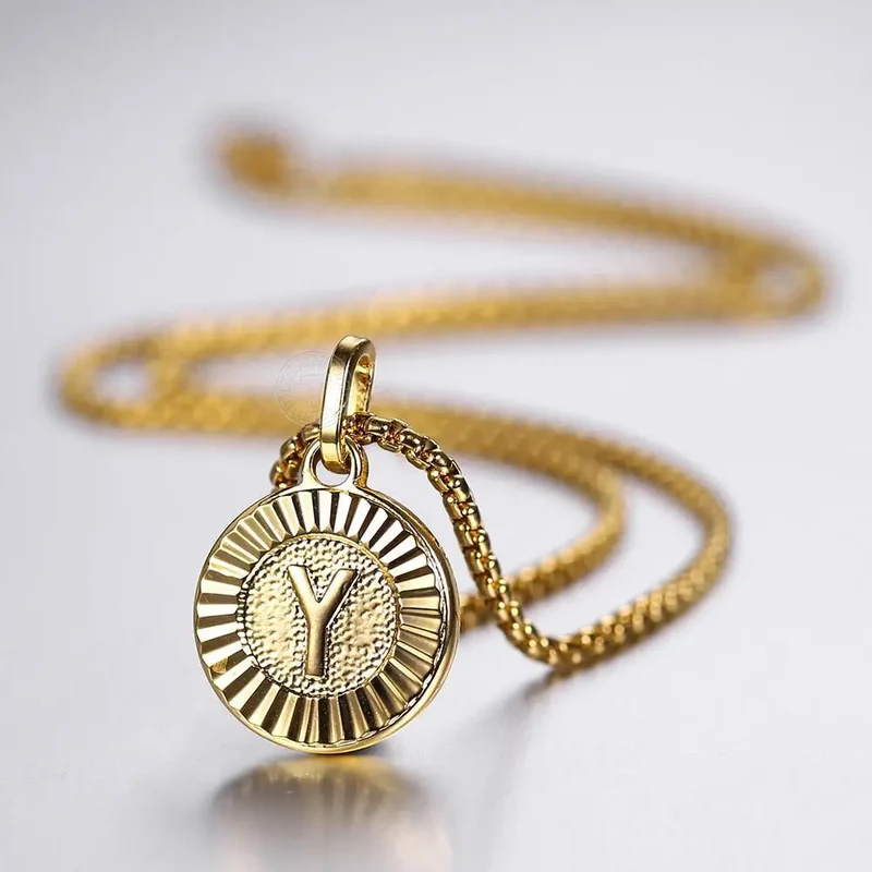 Initial Letter Pendant Necklaces Round Charm Stainless Steel Box Link Chain for Women Men Jewelry Gift