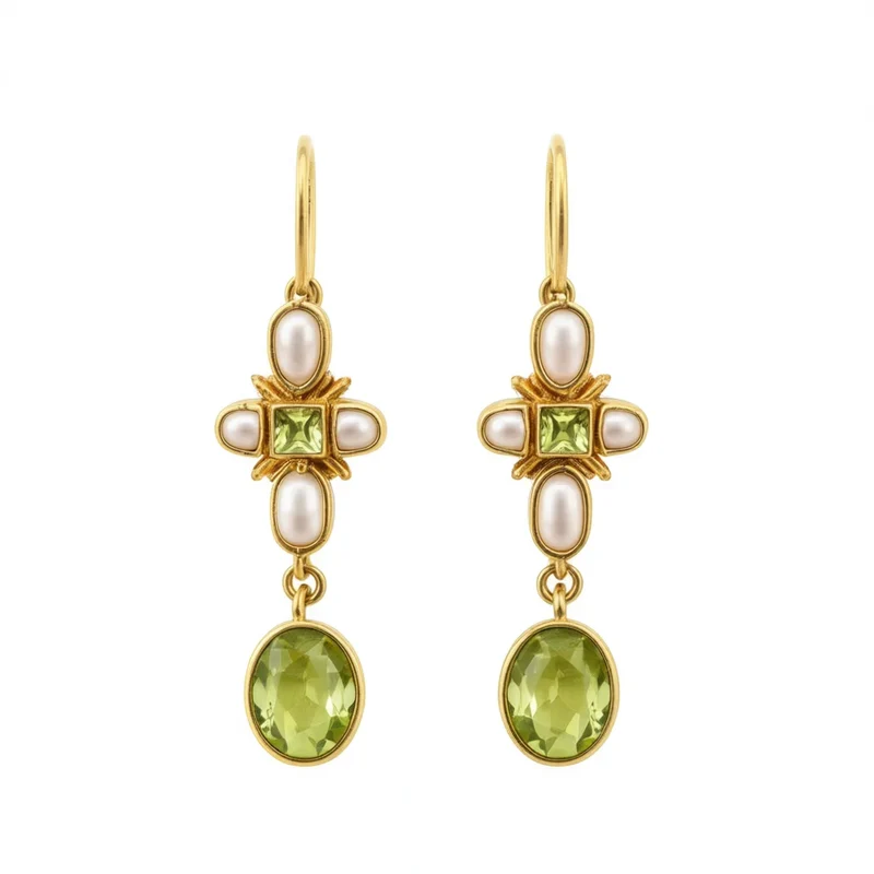 Vintage Gold Plated Drop Earrings With Peridot And Imitation Pearl Bezel Setting For Women Party Jewelry