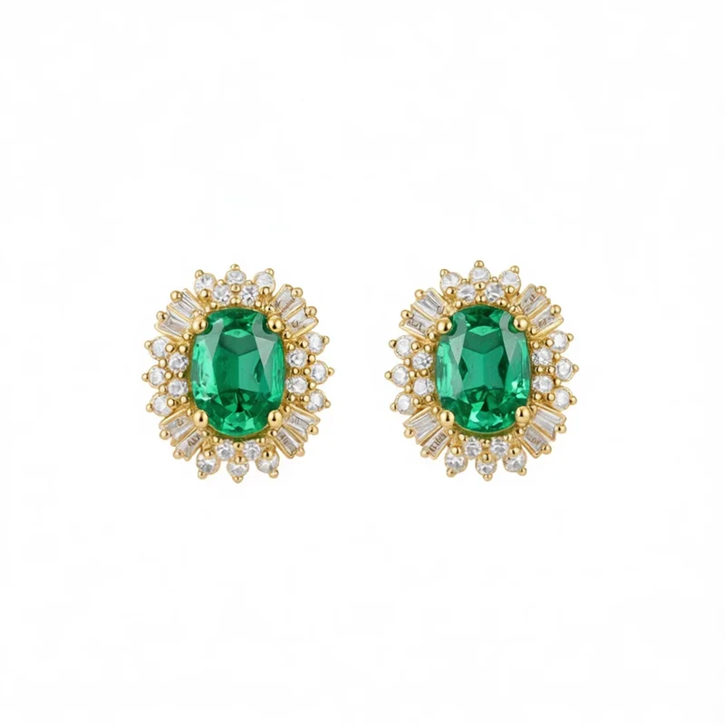 Classic Green Gemstone Stud Earrings Silver Flower Design Wedding Jewelry Women Pear Cut Diamonds Claw Setting