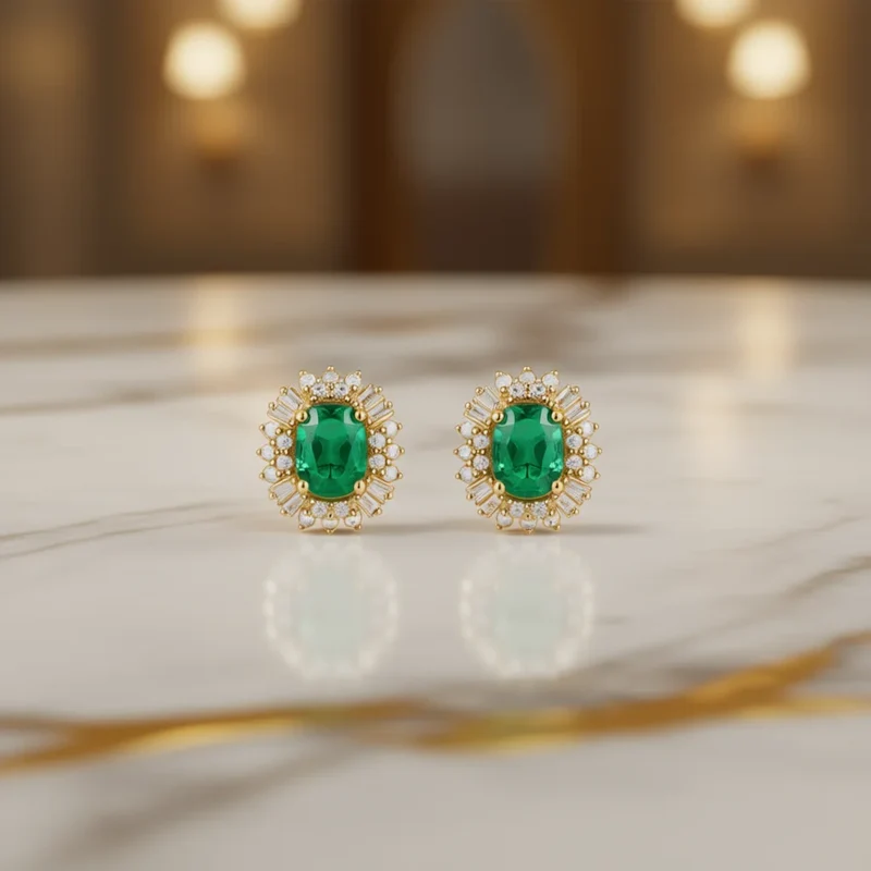 Classic Green Gemstone Stud Earrings Silver Flower Design Wedding Jewelry Women Pear Cut Diamonds Claw Setting