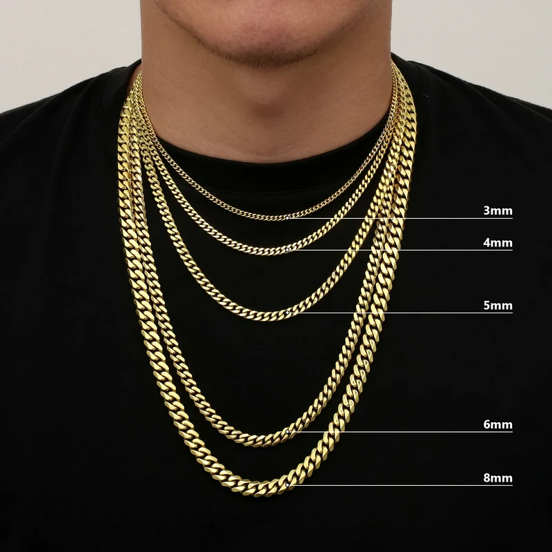 USA Free Shipping Real 8mm 14k Gold Plated Miami Cuban Link Chain Women Gifts Jewelry Stainless Steel Waterproof Mens Necklace