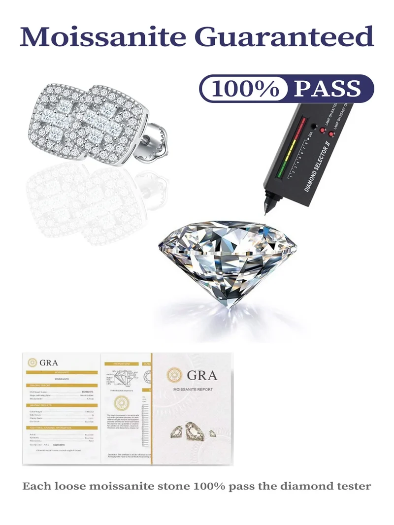 Hot Selling Cushion Cut Moissanite Diamond Stud Ring and Square Earrings Trendy Unisex Gift for Women Men Anniversary Party