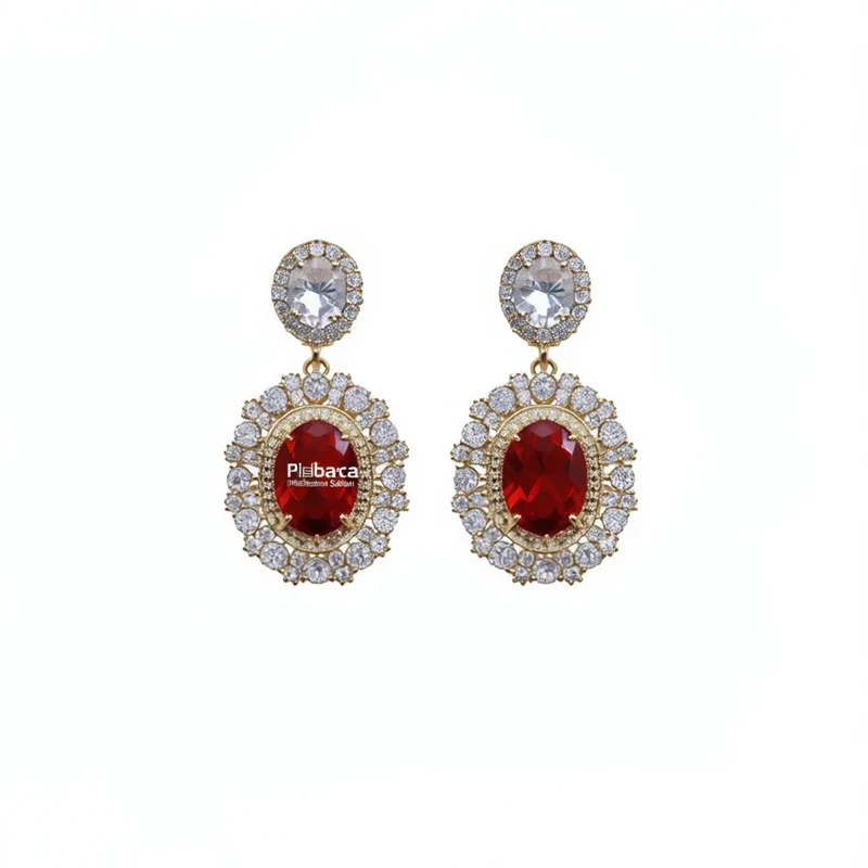 Plbaca Gold Plated Drop Earrings With Red Zircon And Crystal Rhinestone Bezel Setting For Women Party Classic Style